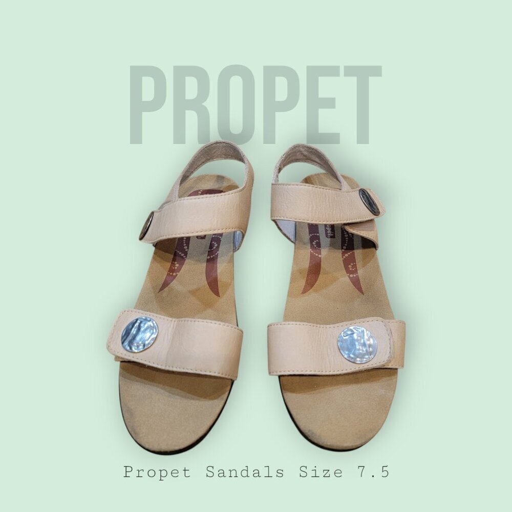 Propet Tan Leather Comfort Sandals Size 7.5 | Hook & Loop Strap | Low Wedge